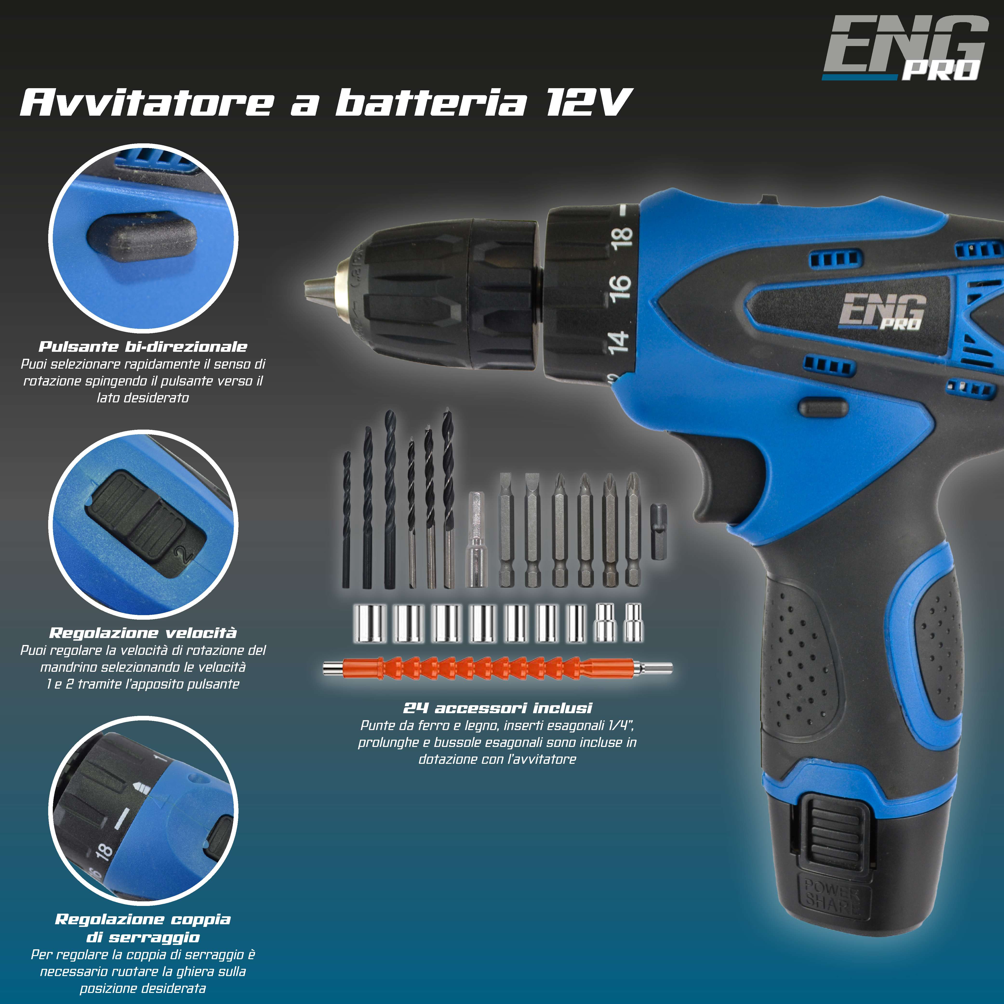 Trapano Avvitatore A Batteria 12v Valigetta 24 Accessori 2 Batterie E Caricatore - 2