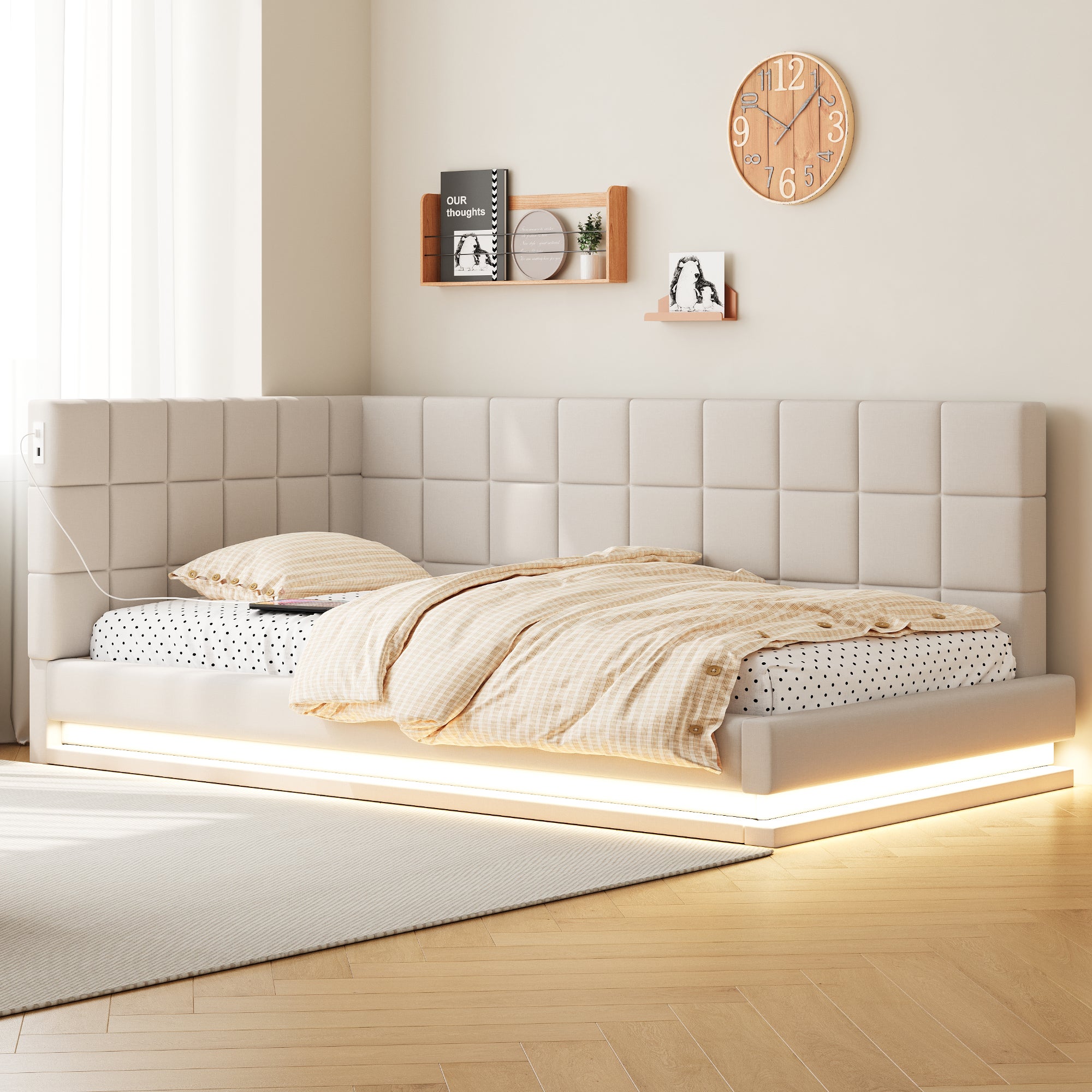 Łóżko tapicerowane 90 x 200 cm z wezgłowiem i oparciem, sofa rozkładana - port USB i diody LED - aksamit - beżowy (bez materaca)