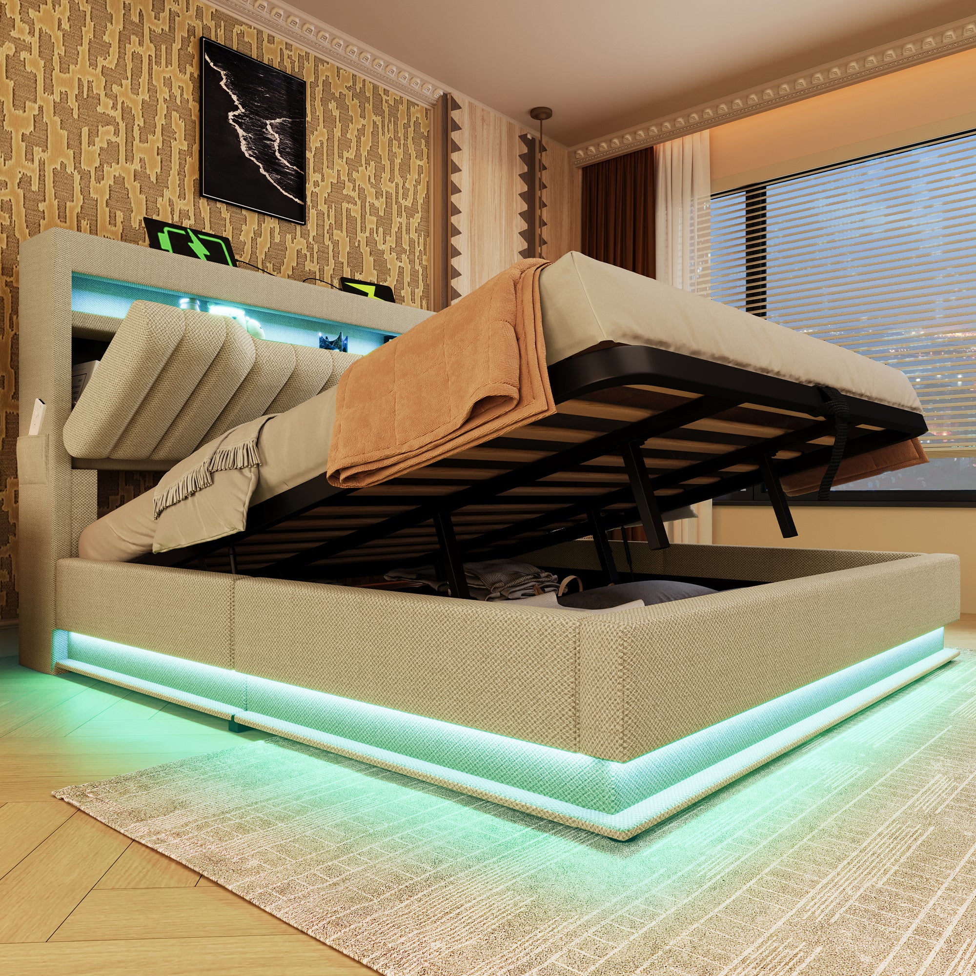 Cama canapé tapizada 140x200cm - con LED - con puertos USB y Tipo C - Tejido de lino - Cabecero con espacio de almacenaje - Beige - 3