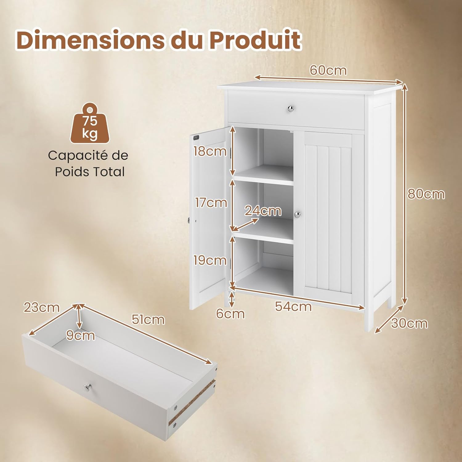 Meuble Salle de Bain 60 x 30 x 80 CM, Armoire de Rangement avec 1 Tiroir, 2 Portes, Étagère Réglable, avec Dispositif Anti-Basculement, Blanc - 3