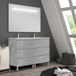 Meuble de salle de bain double vasque - 6 tiroirs - PALMA et miroir Led STAM - ciment (gris) - 120cm