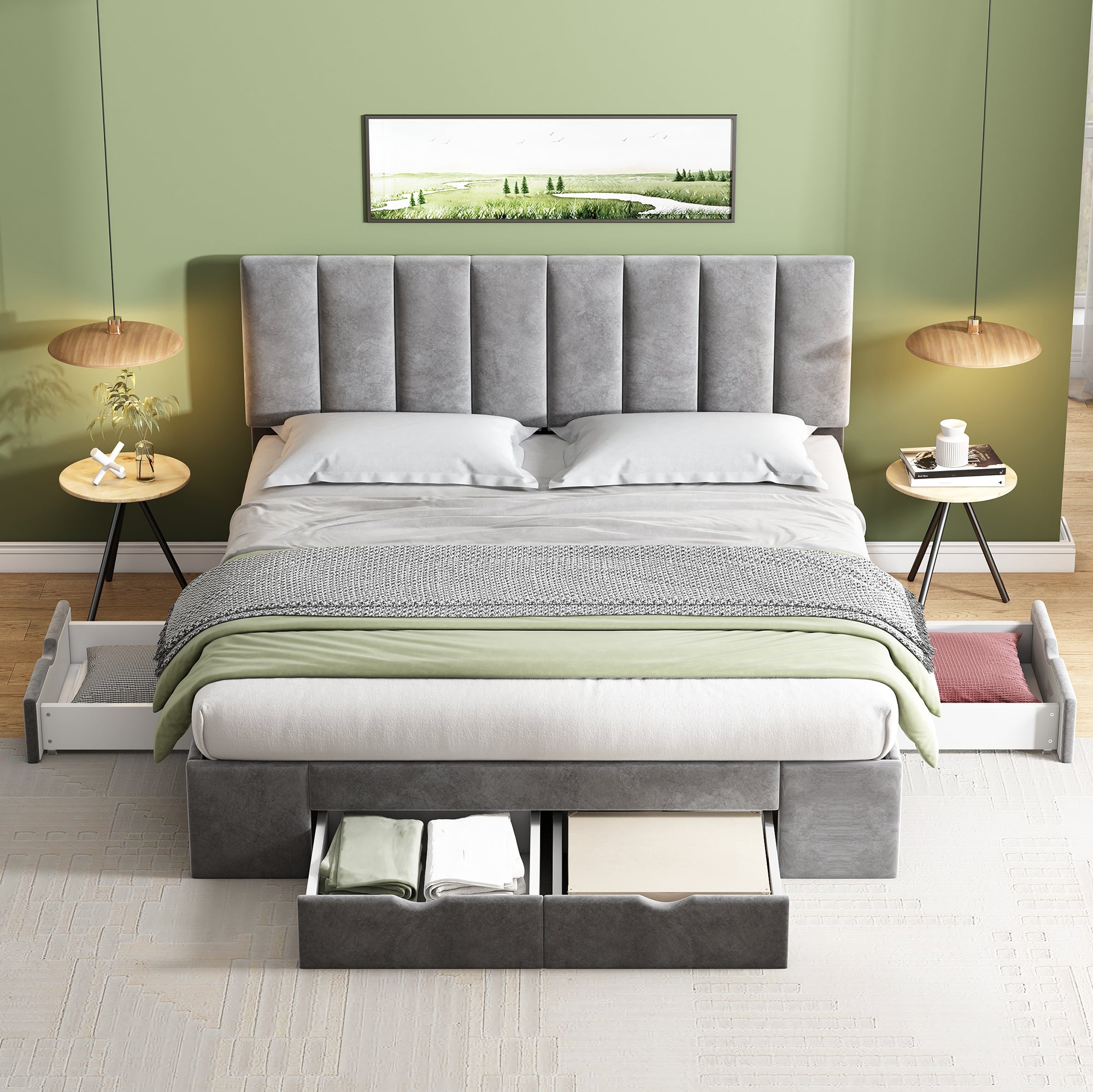 Łóżko dwuosobowe tapicerowane welurem 160x200cm z 4 szufladami + regulowane wezgłowie + stelaż na listwy - Szare - 4