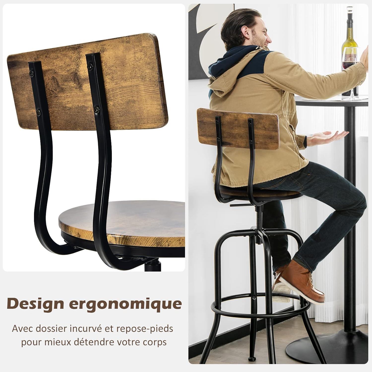 Lot de 2 Tabourets de Bar, Hauteur Réglable de 69 à 76 CM, Chaise Haute Bar avec Dossier Détachable et Repose-Pieds, Cadre en Métal - 7