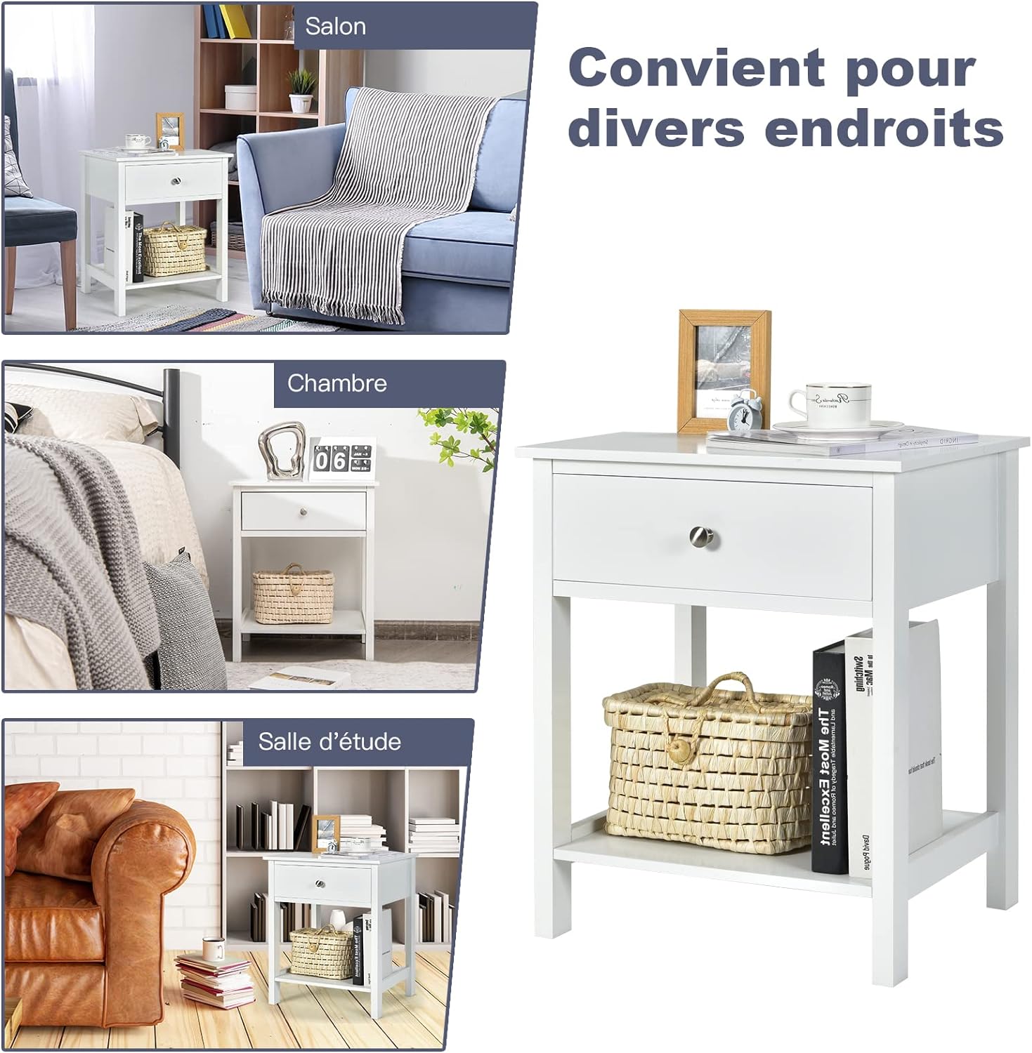 Comodino con Cassetto, Tavolino in Legno con 2 Livelli, Cassettiera da Letto Multifunzionale per Salone Camera da Letto Corridoio, 48 x 40 x 5 - 7