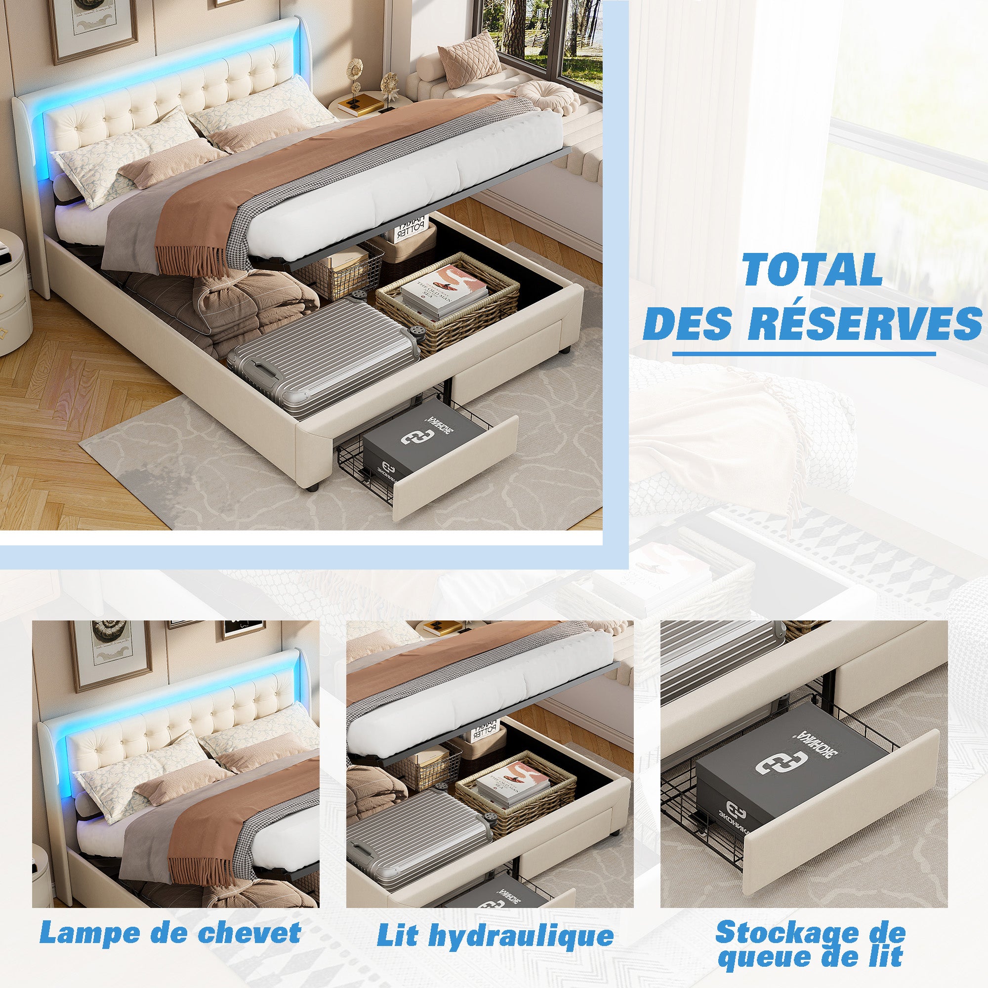 Lit coffre 140x190 cm avec LED et 2 tiroirs, COZY, cadre de lit adulte avec sommier à lattes, lit double, tissu en velours, 140x190 cm, blanc cassé - 6