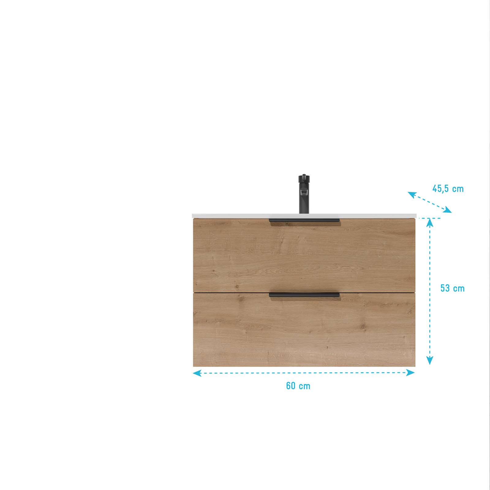 Meuble de Salle de Bains 60cm Suspendu Decor Bois Clair 2 Tiroirs - Vasque Blanche - ELEMENTARY - 5