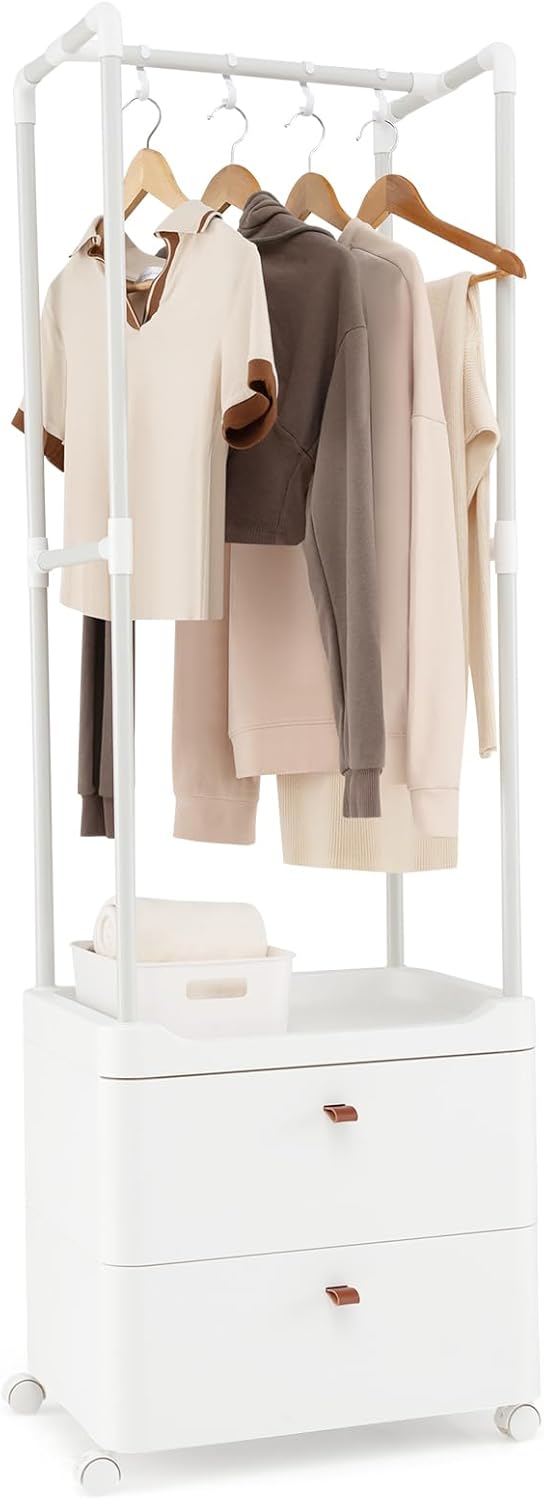 Perchero de Pie con Cajones y Ganchos, Ruedas y Barra para