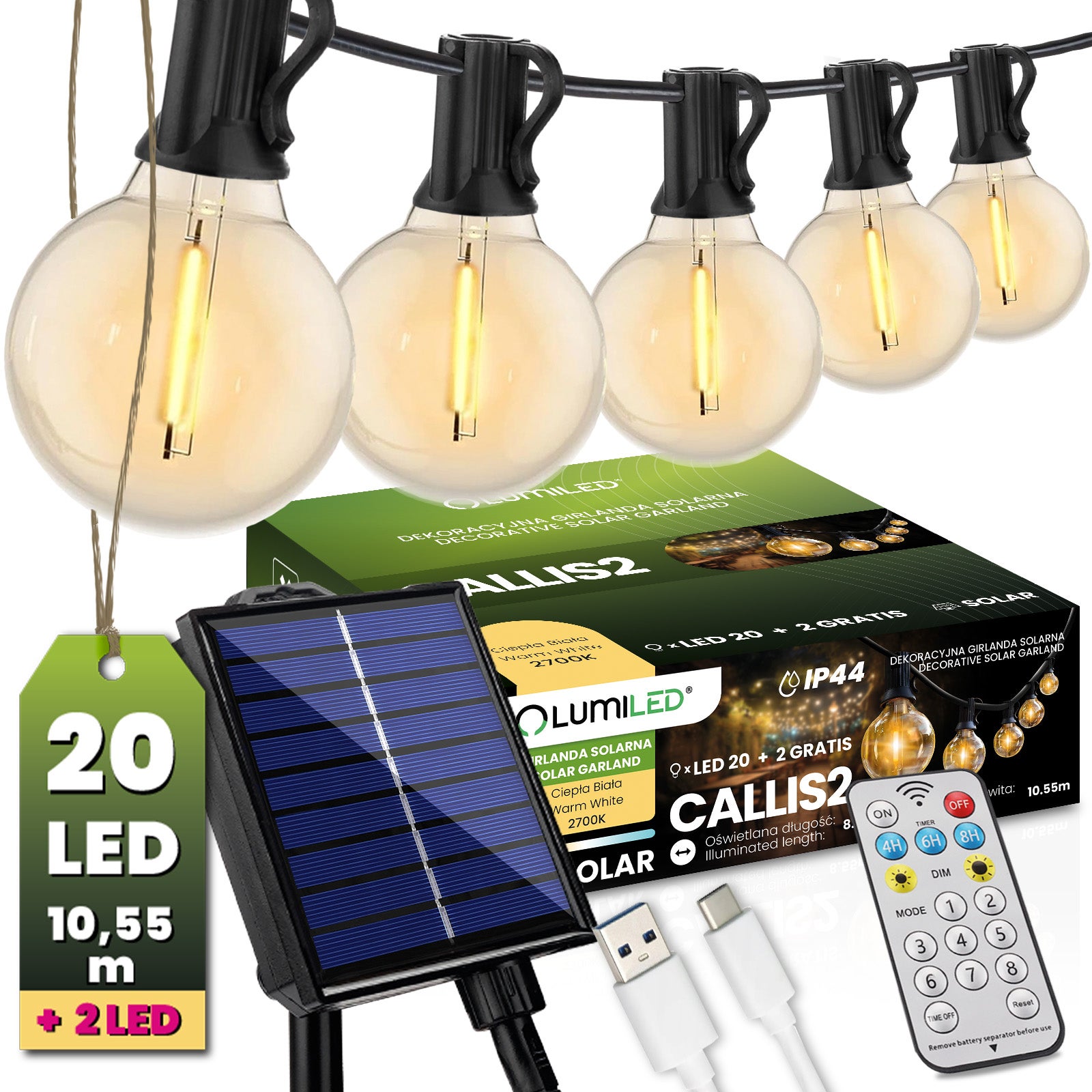 Girlanda Solarna Lumiled Ogrodowa 20x LED Ozdobne Kuleczki 10,55m 2700K Ciepła biel + Pilot 1 szt.