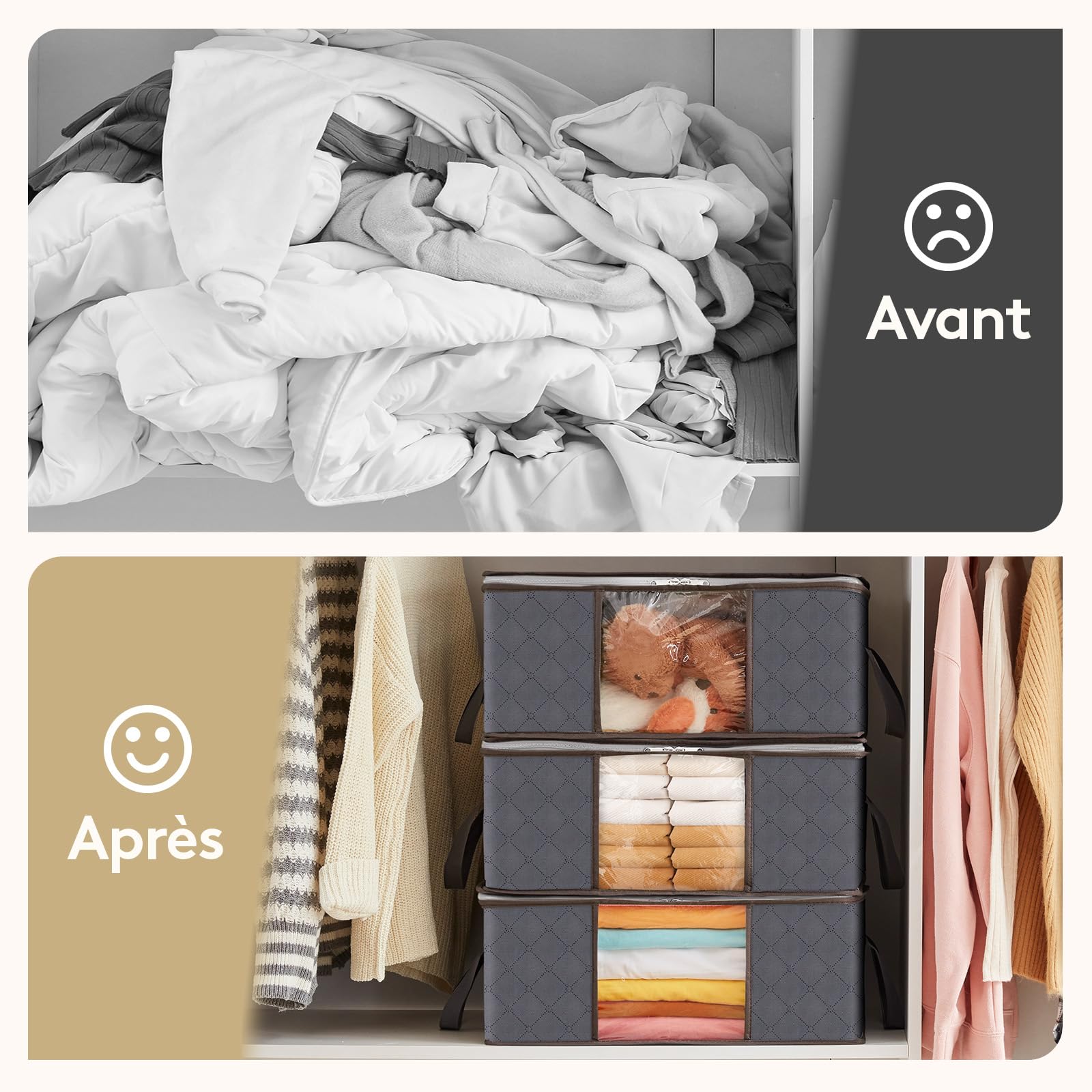 Lot de 3 Sac de Rangement Vetement 35L, Boîte Housse Rangement Couette Organisateur de Placard pour Fenêtre Transparente - 8