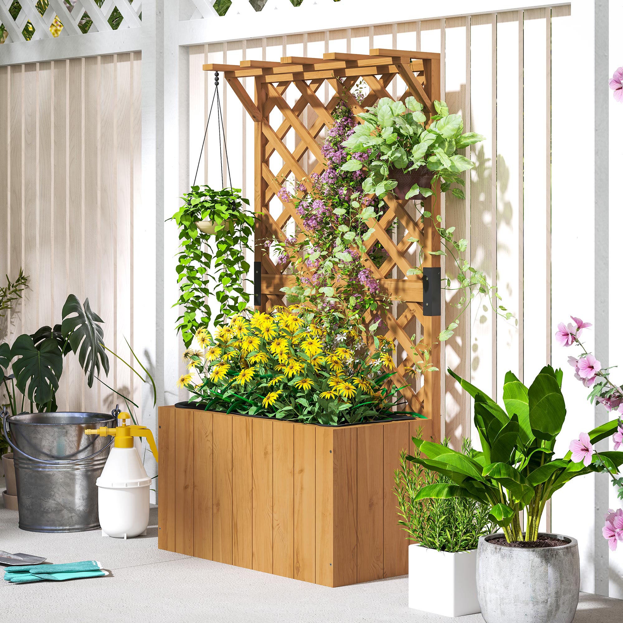 Jardinière avec treillis - Outsunny - trous de drainage et doublure - bois massif - 64 x 33 x 122 cm - bois naturel - 7