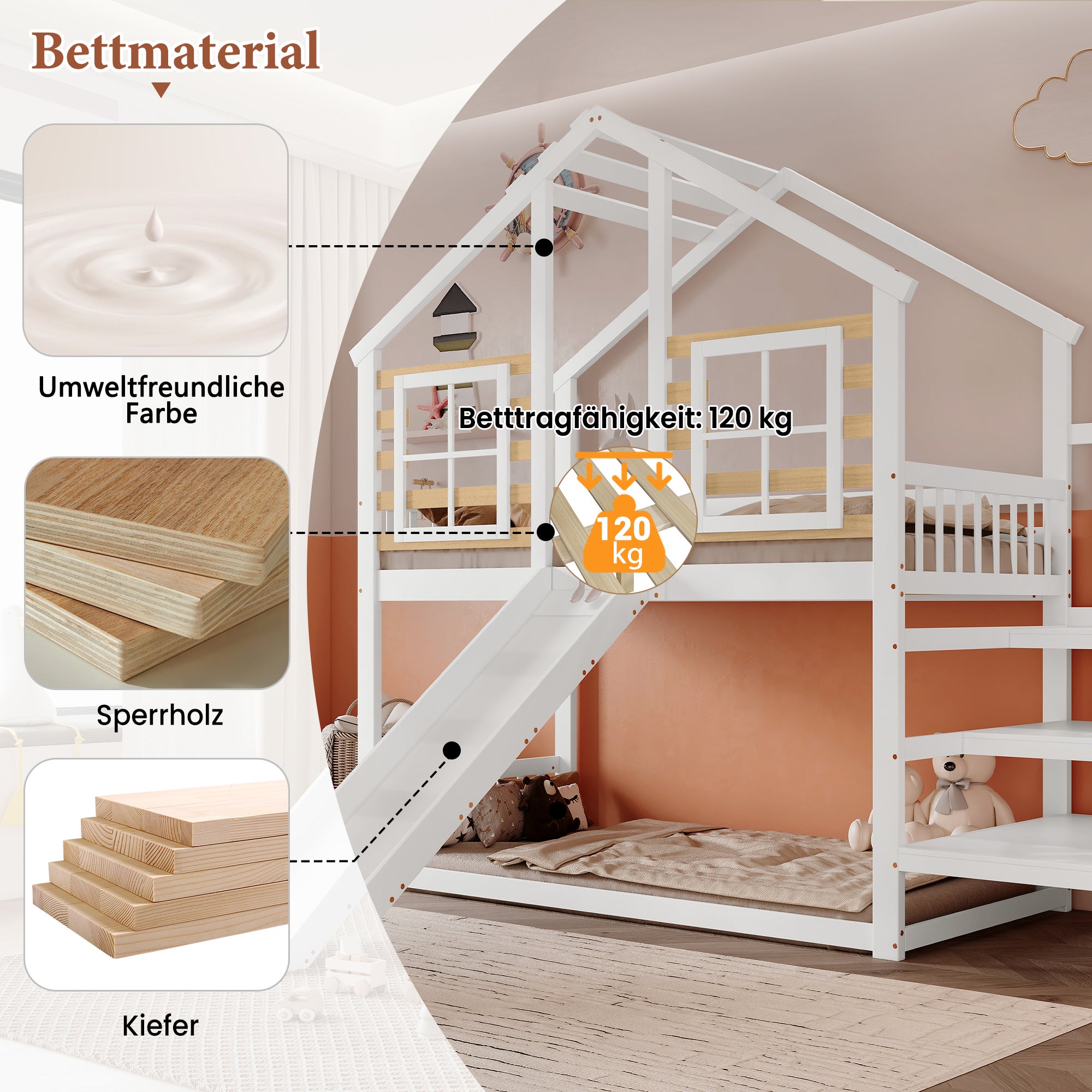 Lit superposés 2 x 90 x 200 cm avec escalier et toboggan - Bois massif et MDF - Blanc (sans matelas) - 5