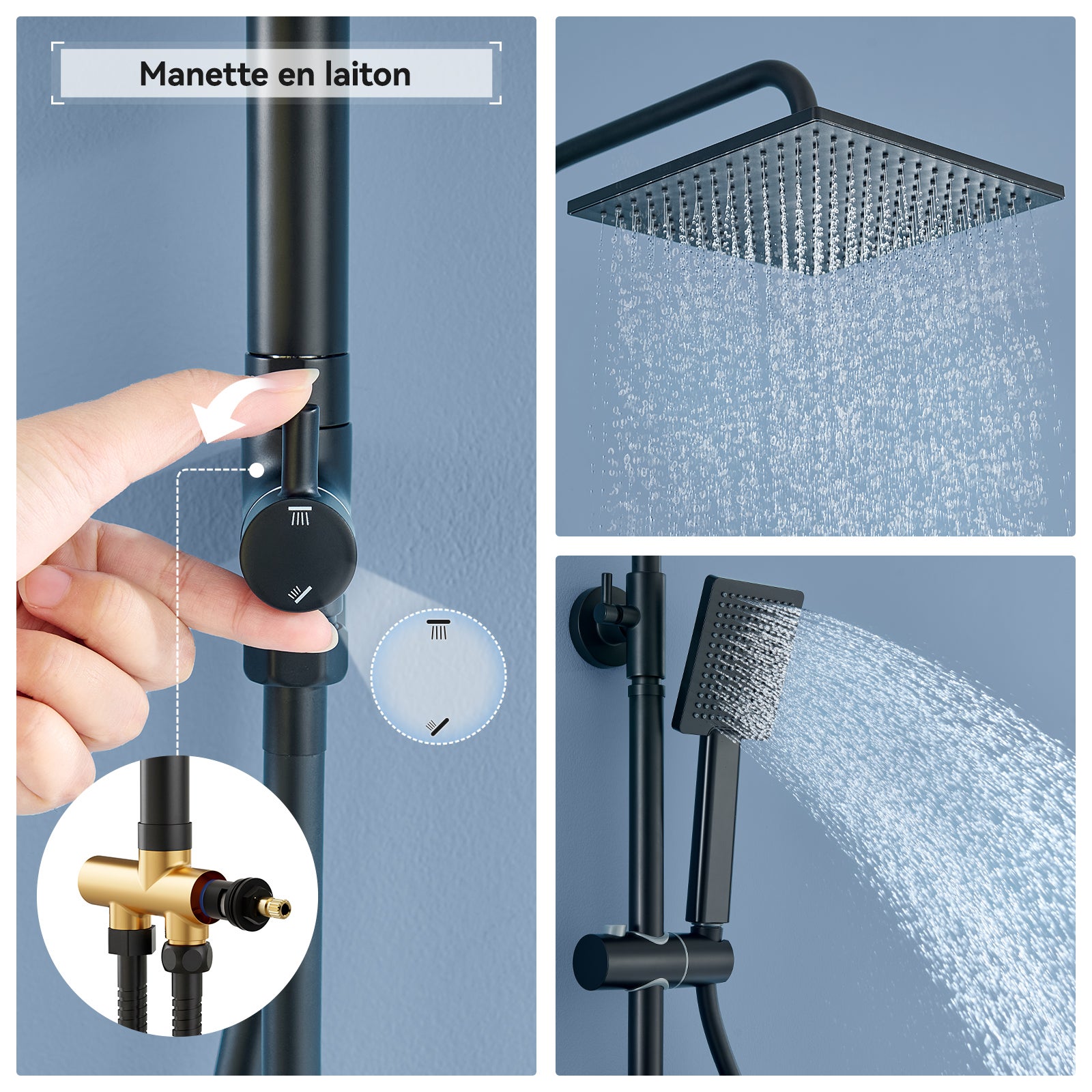 Colonne Douche Inox,Réglable Hauteur Ensemble Douche Murale avec Étagère Douche Set kit Douche sans Robinet avec Pommeau Douche Carré 25.5cm,Noir - 7