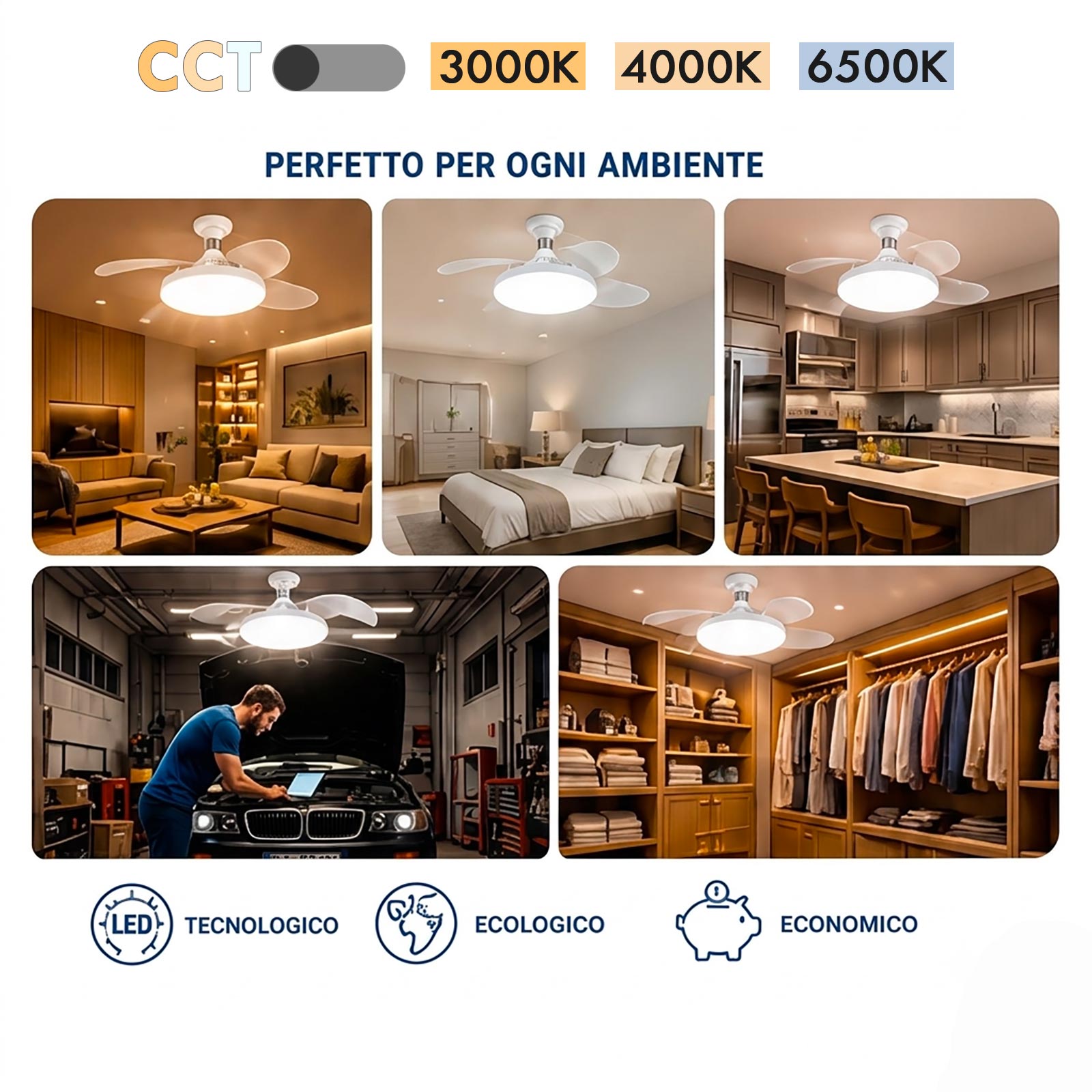 Ventilateur de plafond avec ampoule E27 2 en 1 (lampe à intensité variable + ventilateur 3 vitesses LED 22 W CCT + télécommande 230 V Ø 40 cm) - 4