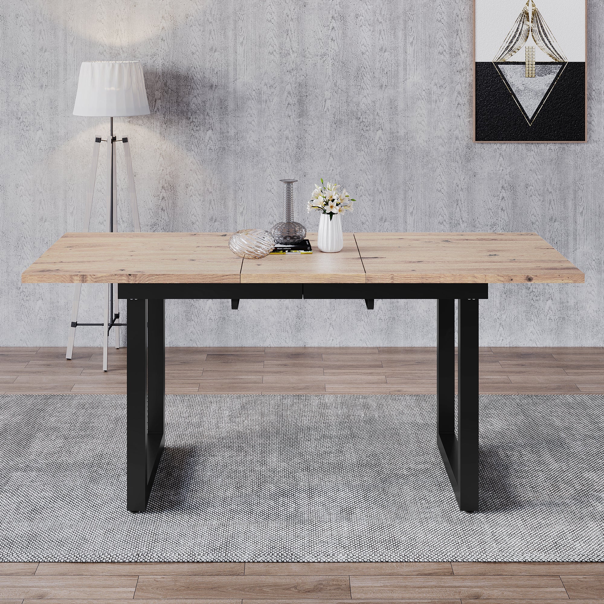 Table à manger extensible 2 à 6 couverts en Panneaux de particules et métal - 140/180 x 80 x 75 cm - Naturel et noir - 6