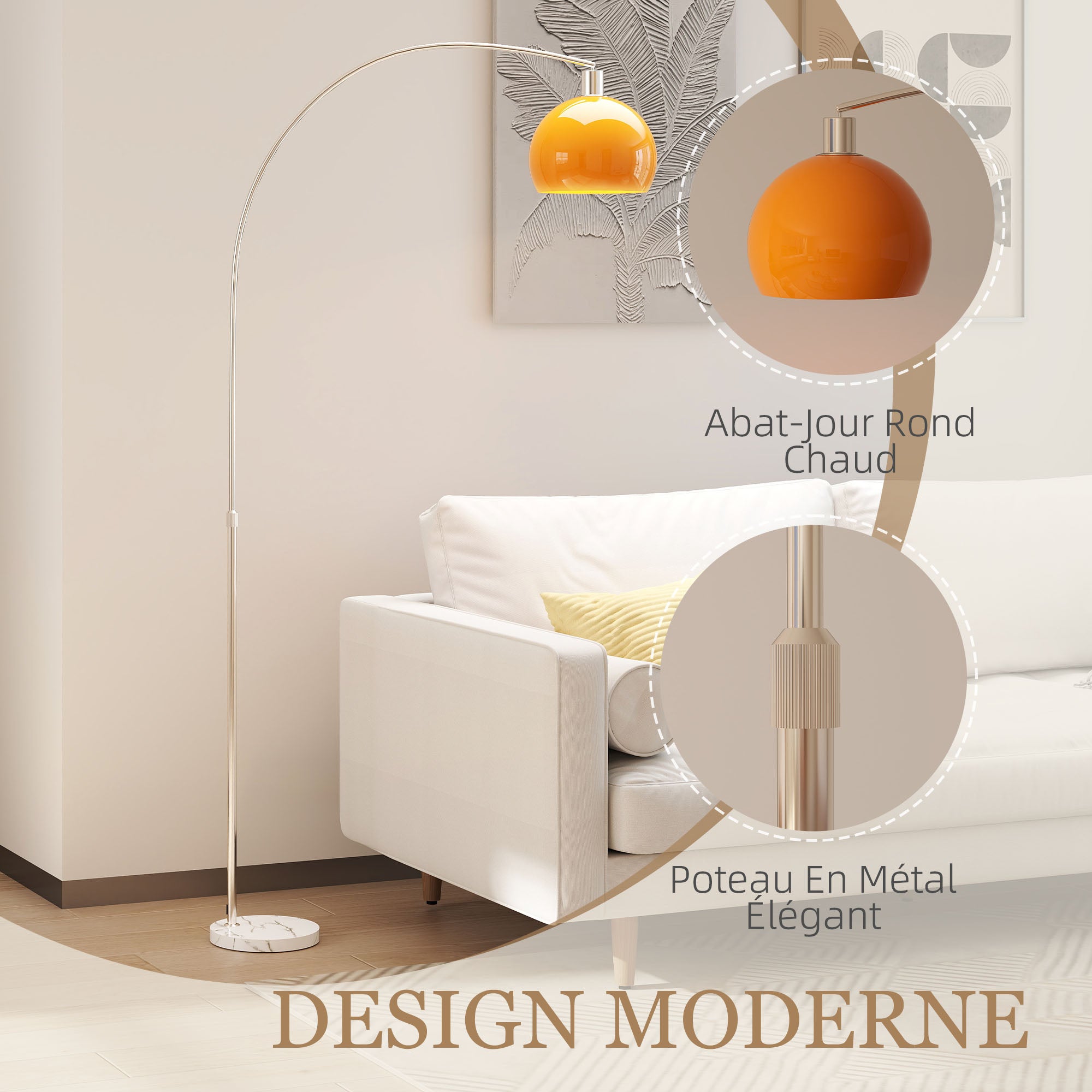 Lampadaire sur pied salon - HOMCOM - abat-jour minimaliste à haut mât et interrupteur à pied - métal - 26 x 90 x 180 cm - orange - 4