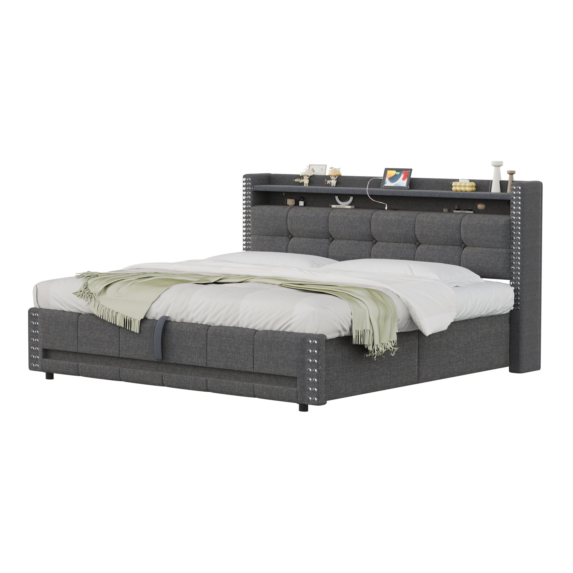 Cama con almacenaje de lino 160x200 cm - con LED y toma USB - con somier - Gris - 4