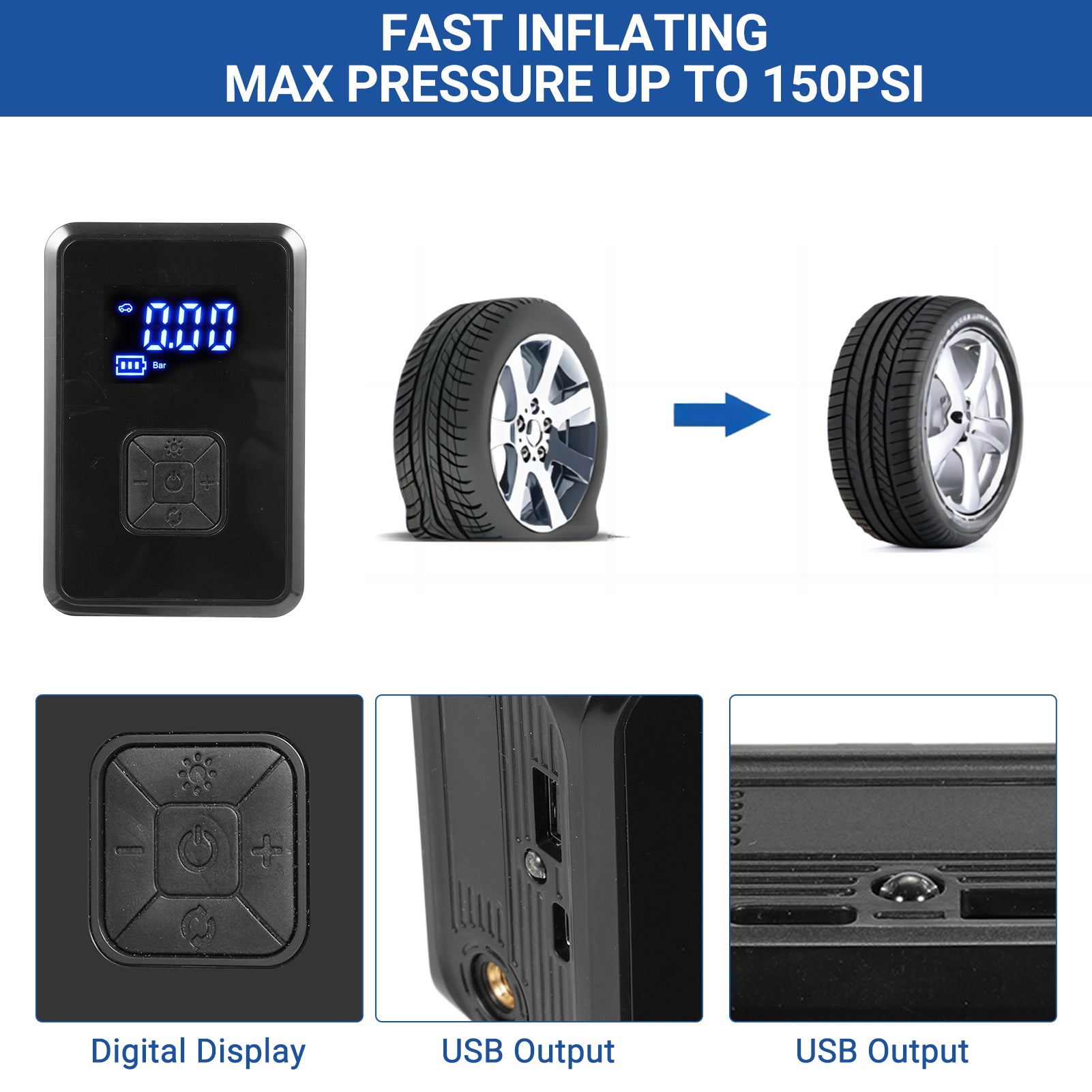 Gonfiatore portatile per pneumatici da 150 psi, gonfiatore rapido, adatto per pneumatici di auto e biciclette, senza fili - 4