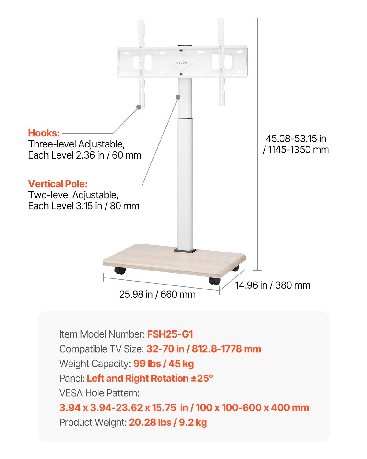 Support TV mobile,VEVOR pour écrans de 32 à 70 pouces,rotation gauche-droite 25° et hauteur réglable,jusqu'à 45 kg,chariot TV pour salon,bureau - 7