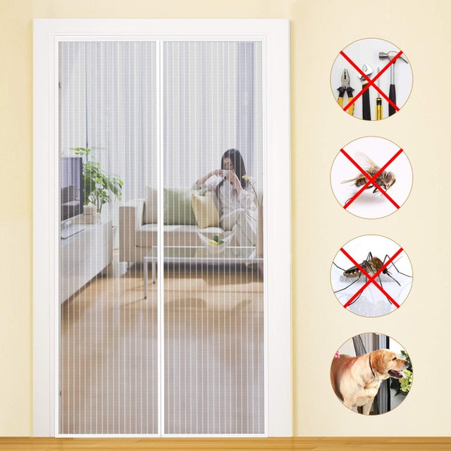 Moustiquaire magnétique pour porte 90 x 210 cm, sans perçage, blanche rayée