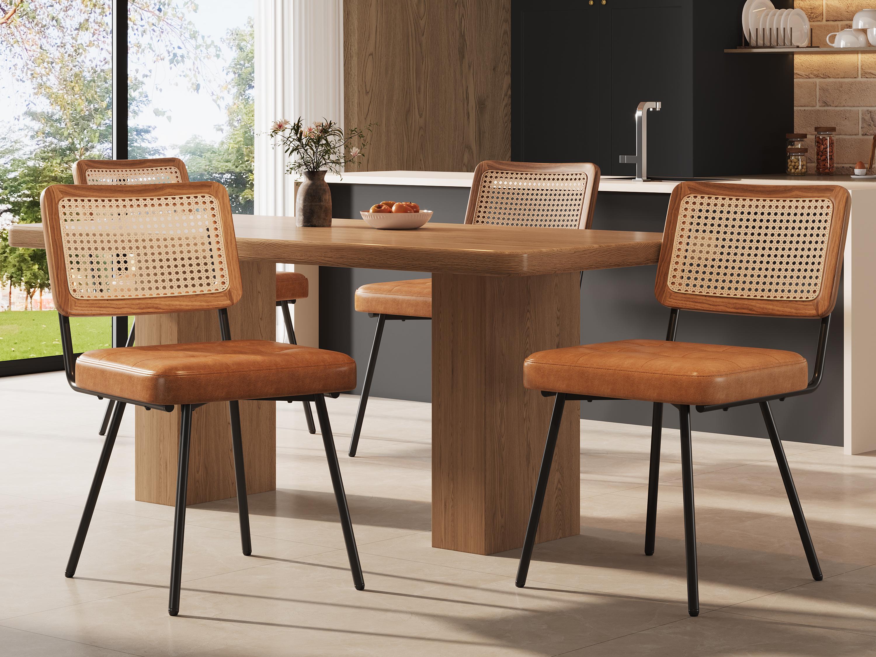 Zestaw 4 tapicerowanych krzeseł do jadalni - Skóra ekologiczna - Rattan - Metalowa rama - Styl retro - Brązowy