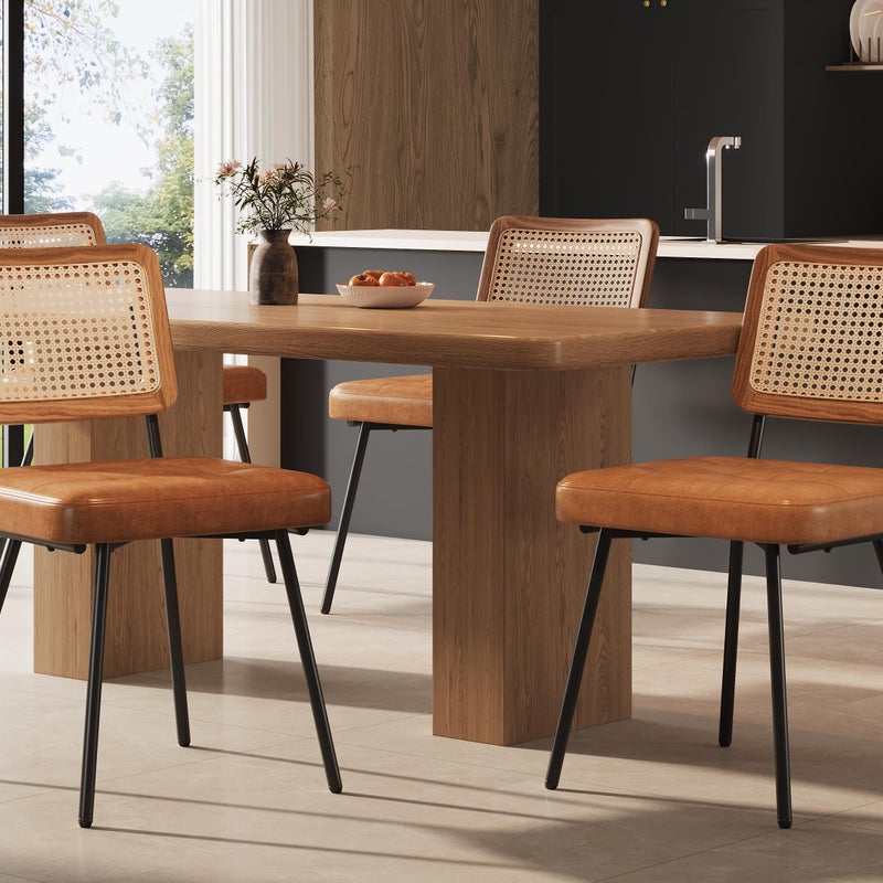 Zestaw 4 tapicerowanych krzeseł do jadalni - Skóra ekologiczna - Rattan - Metalowa rama - Styl retro - Brązowy