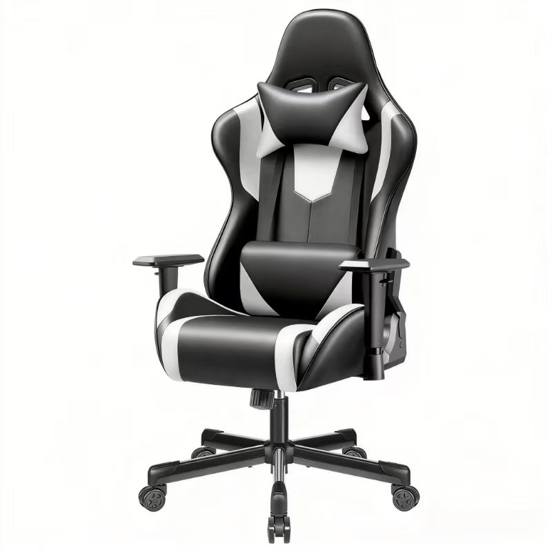 Ergonomiczny fotel gamingowy czarno-biały, regulacja 90°-155°, wysoka gęstość siedziska, regulowane podłokietniki, stalowa rama, udźwig 136 kg