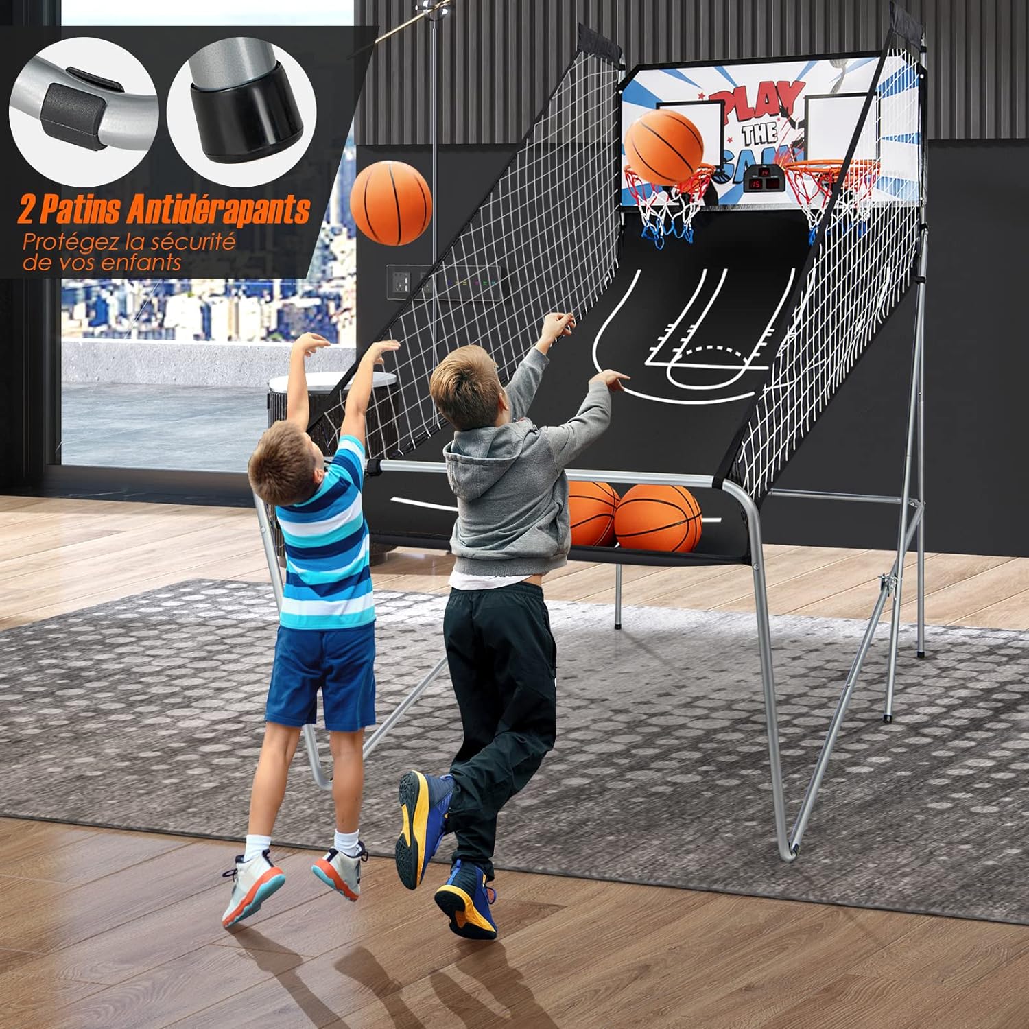 Jogo de basquetebol dobrável, 2 aros e 4 bolas, 8 modos de jogo, sensor elétrico, placar LED, 4 botões de funcionamento, 207 x 108 x 205 cm - 8