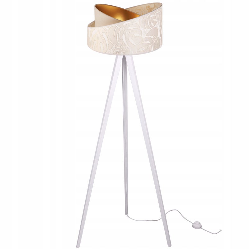 Lampa podłogowa stojąca Werona trójnóg drewno białe 1xE27 abażur tkanina okrągła beżowy/kremowy Light Home LH
