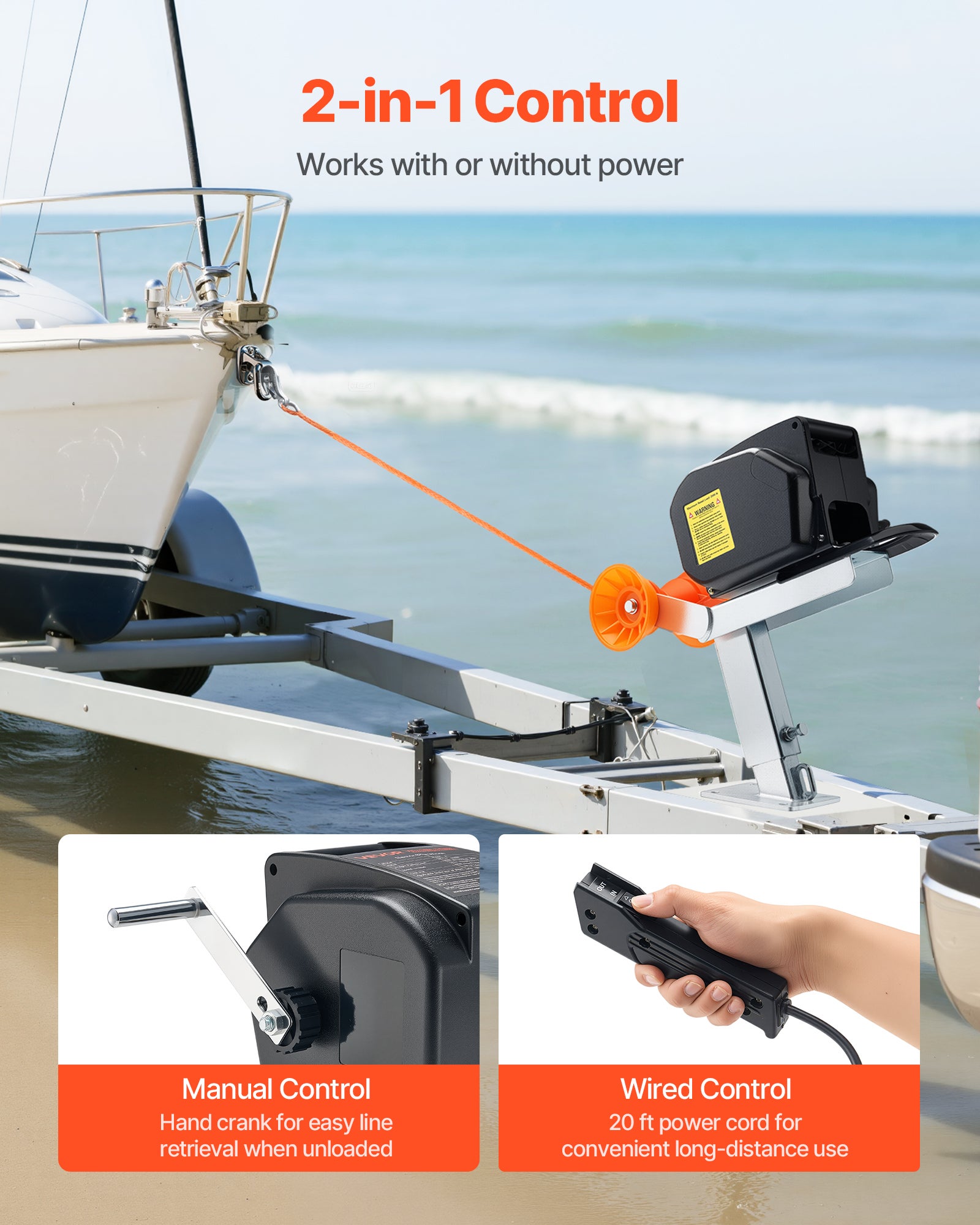 Treuil Électrique pour Bateau VEVOR 12V 300W, Charge 900 kg, Treuil Réversible pour Remorque 6 m avec Télécommande Filaire & Manivelle - 4