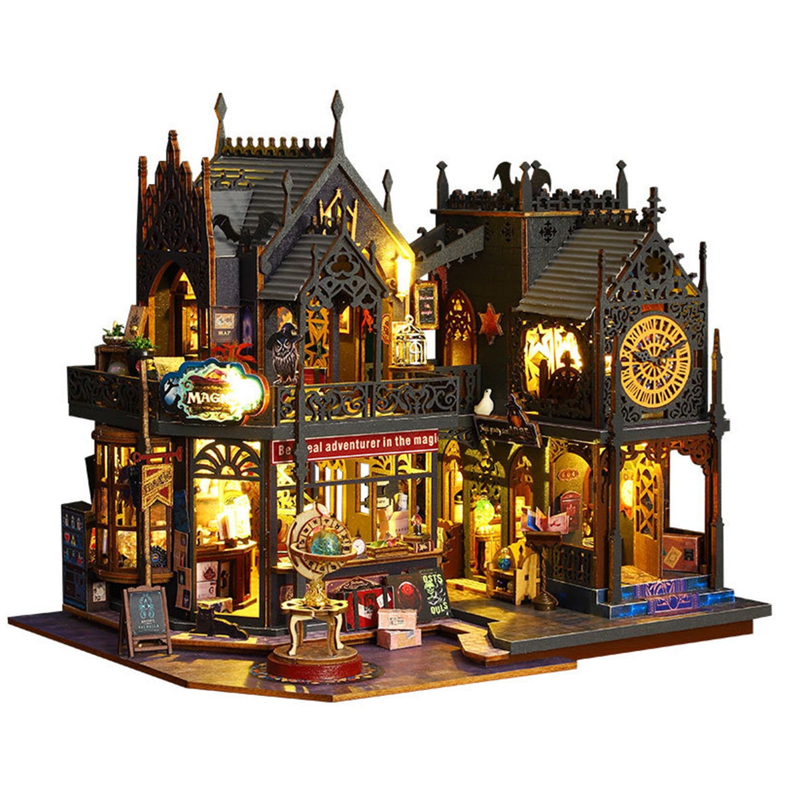 Kit DIY château miniature 3D avec LED et capot anti-poussière, en bois, melticolor, sans piles - 2