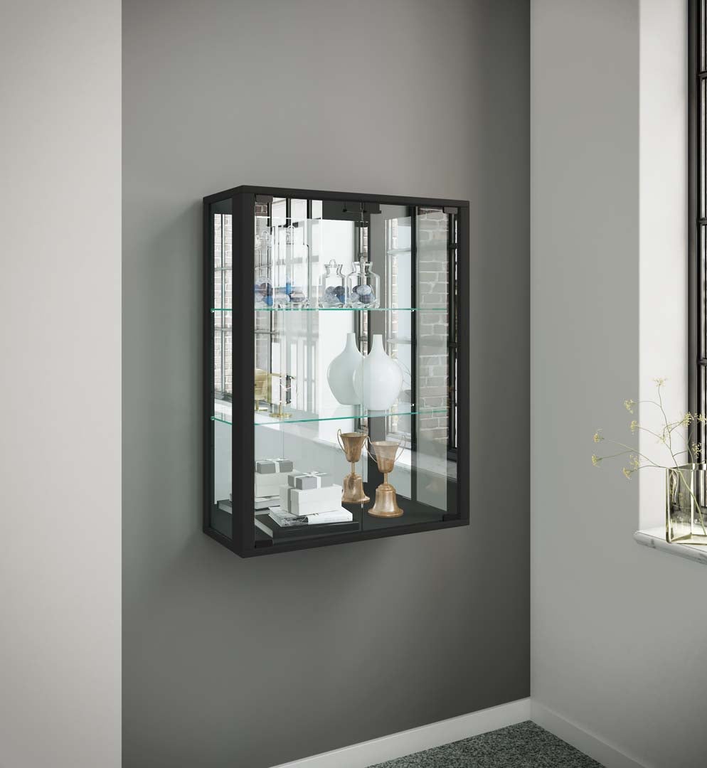 Udina vitrine accroché au mur avec miroir 2 portes en verre Incl. lumières LED noir. - 4