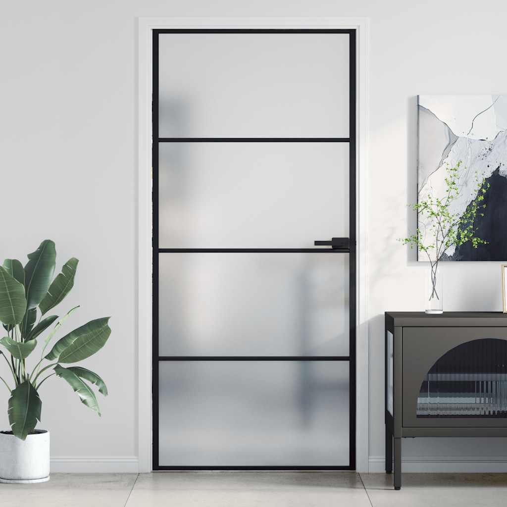 Puerta interior delgada negra de 93 x 201,5 cm con cristal templado y aluminio.