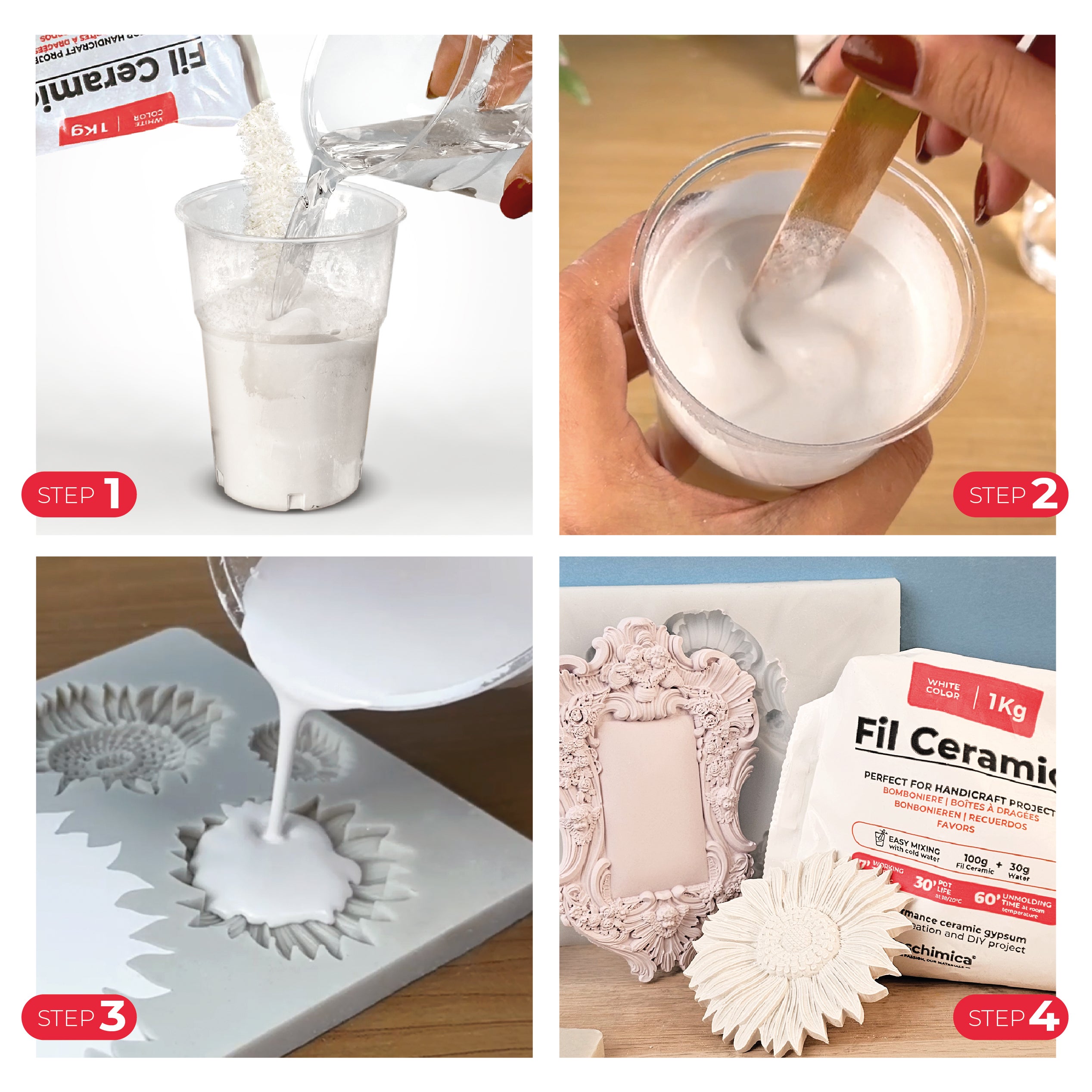 Polvere di Gesso atossica da Colare, Asciuga all’Aria, Gesso Ceramico Inodore, per Uso Hobbistico e Progetti Creativi, Bianco, Fai da Te (1 kg) - 3