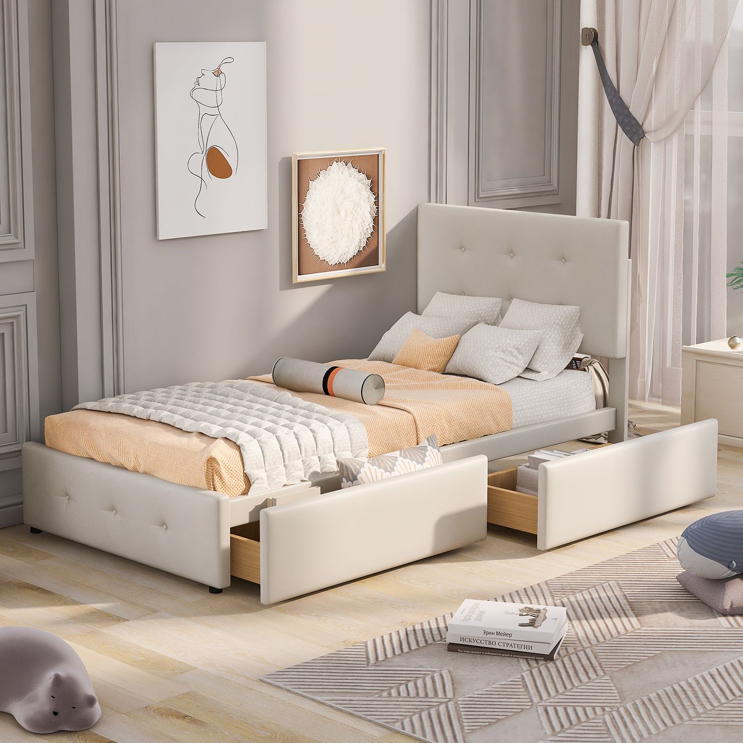 YESGIGA Letto imbottito 140 x 200 cm con letto estraibile e cassetti, imbottitura in lino delicato sulla pelle, letto matrimoniale, letto per bambini, letto per gli ospiti (beige, 90 x 200 cm YESGIGA Letto imbottito 140 x 200 cm con letto estraibile e cassetti, imbottitura in lino delicato sulla pelle, letto matrimoniale, letto per bambini, letto per gli ospiti (beige, 90 x 200 cm