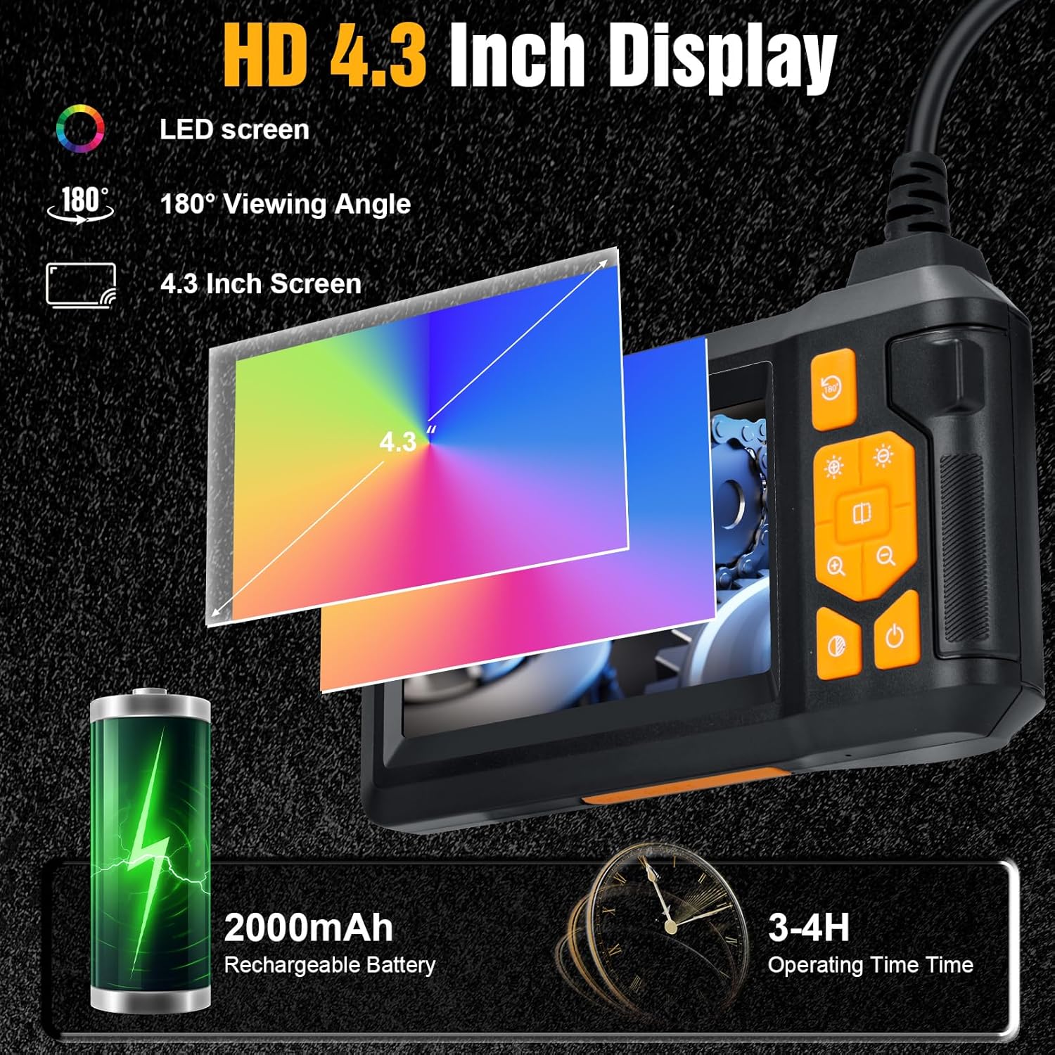 QIMIC Caméra Endoscopique 1080P HD Avec Écran IPS 2.4 Pouces, Zoom 2X, Câble 5M Semi-Rigide, IP67 Étanche, 8 LED Réglables - Idéal Inspection