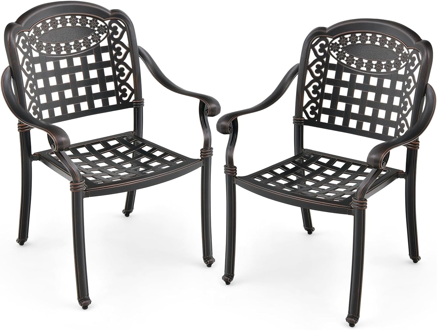 Zestaw 2 Krzeseł Ogrodowych z Odlewanego Aluminium, Nośność 165 kg, Sztaplowane, z Podłokietnikami, Regulowane Ślizgacze, Kolor Brązowy