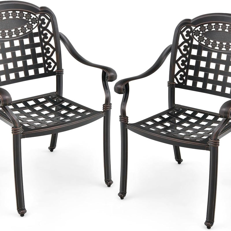 Zestaw 2 Krzeseł Ogrodowych z Odlewanego Aluminium, Nośność 165 kg, Sztaplowane, z Podłokietnikami, Regulowane Ślizgacze, Kolor Brązowy