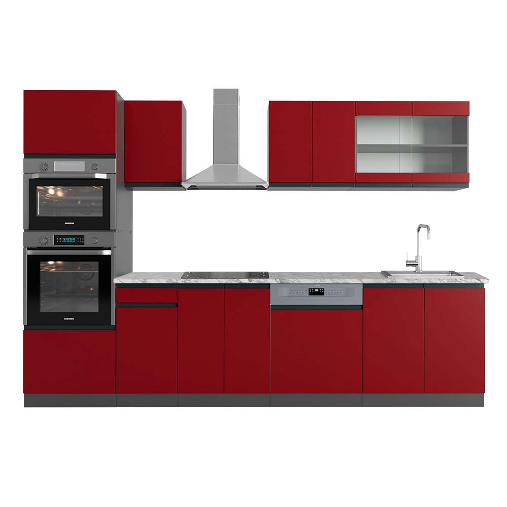 Vicco Aneks kuchenny R-Line, Czerwony/antracyt, 300 cm J-Shape z wysoką szafką, BP Marmur