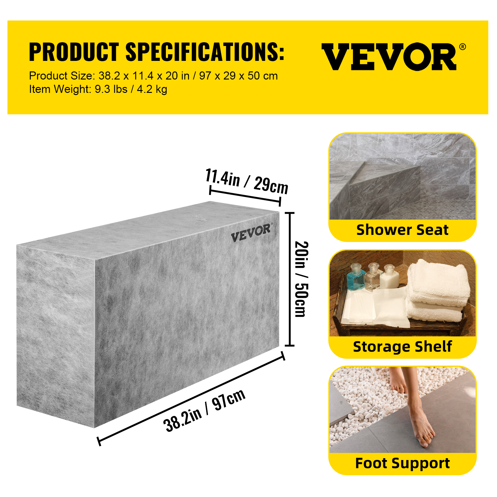 Banc de Douche Pret a Carreler VEVOR 97x29x50 cm Siege deAngle Etanche Composite EPS Repose-Pied Prefabrique Douche Italienne en Rectangle Charge 200 - 7