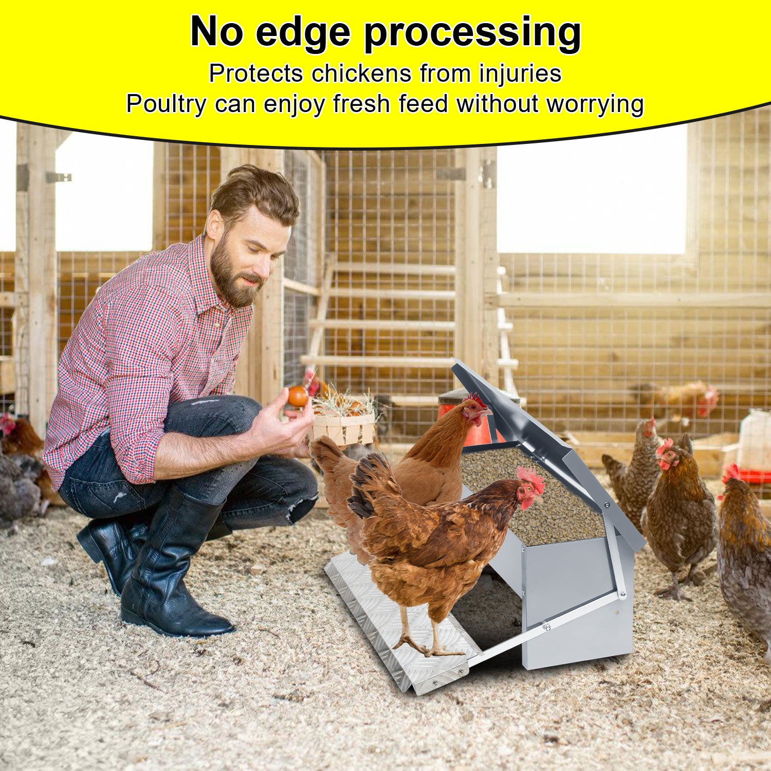 Mangeoire poules automatique 5KG – Distributeur en acier galvanisé avec pédale auto-ouverte et couvercle étanche pour volailles - 6