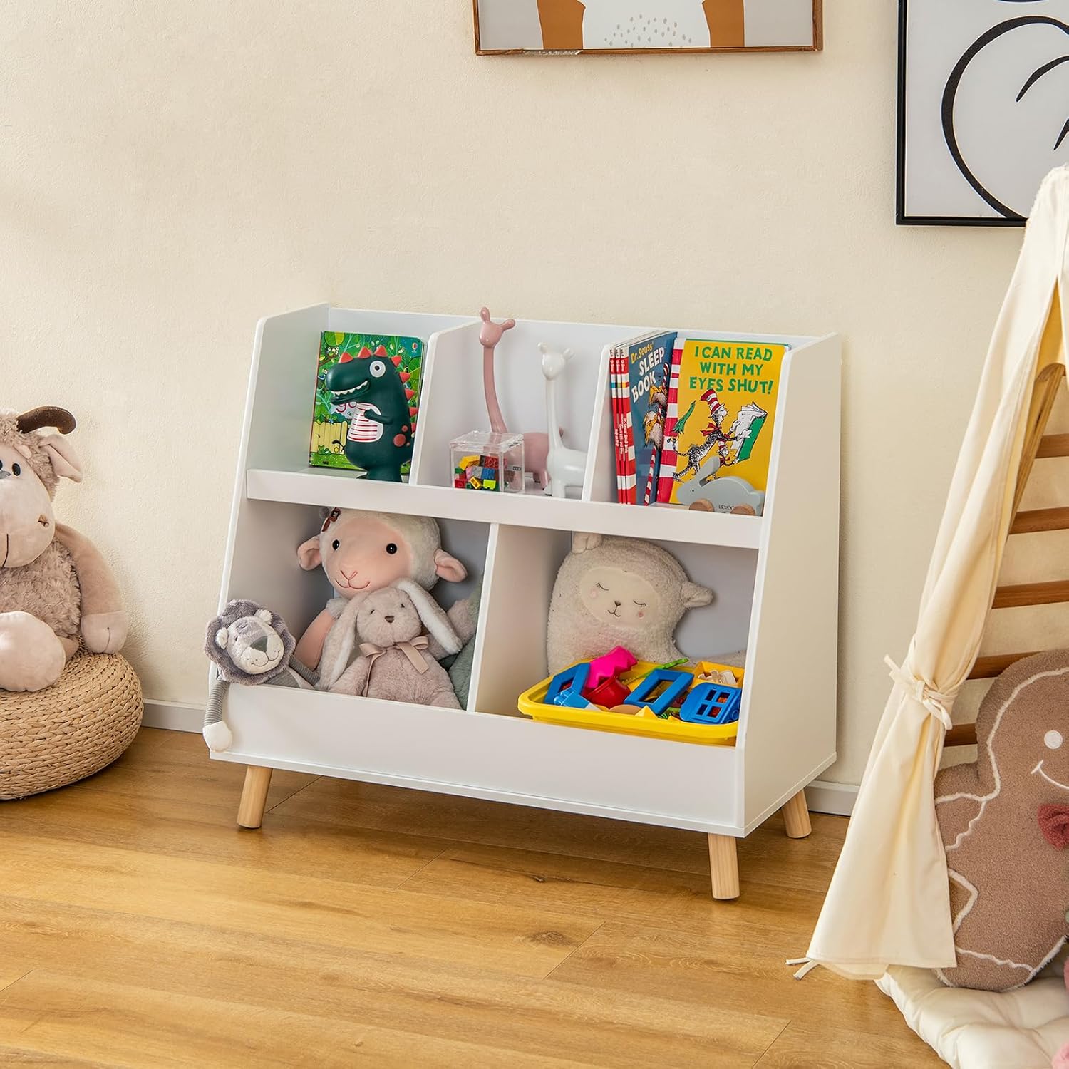 Libreria per Bambini a 5 Cubi, Scaffale Portagiochi a 2 Livelli con Gambe in Legno e Kit Antiribaltamento, per Stanza dei Giochi Camera da Let - 2