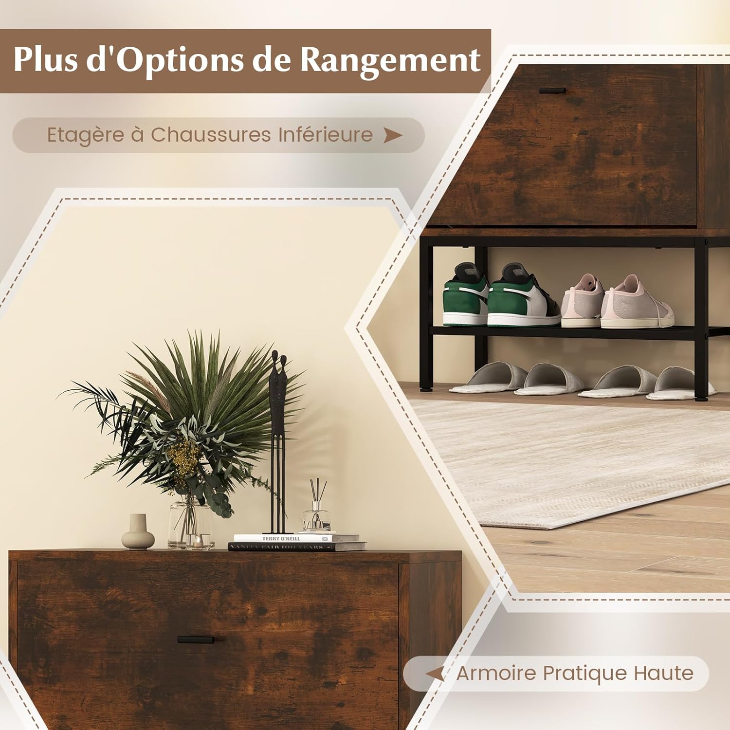 Armadio per Scarpe con 2 Cassetti a Ribalta, Scarpiera Nascosto con Ripiani Regolabili e Rimovibili, Ripiano in Metallo e Dispositivo Antiriba - 6