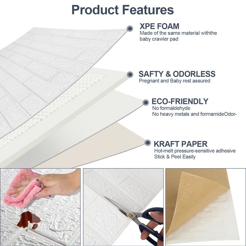 Set di 10 pannelli murali 3D autoadesivi effetto pietra 70 x 77 cm in schiuma PE - bianco - 3