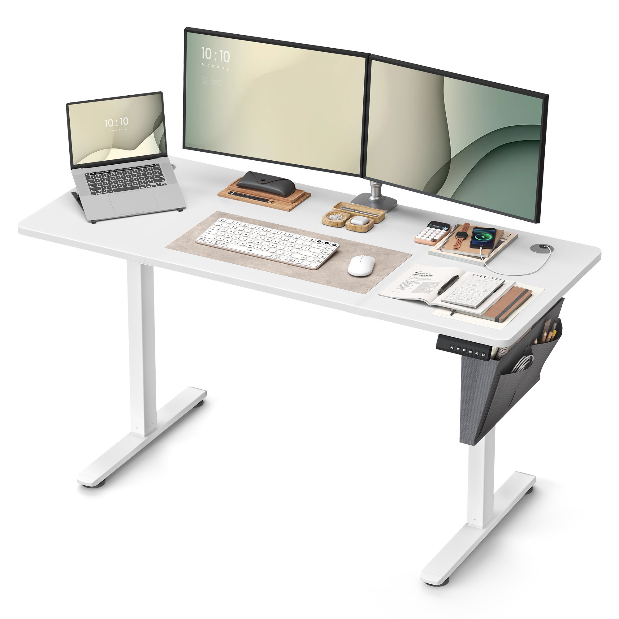 Bureau Électrique Assis-Debout, Bureau Réglable en Hauteur, 60 x 140 x (72-120) cm, 4 Hauteurs Mémorisables, Pochette de Rangement, Blanc Nuage - 3
