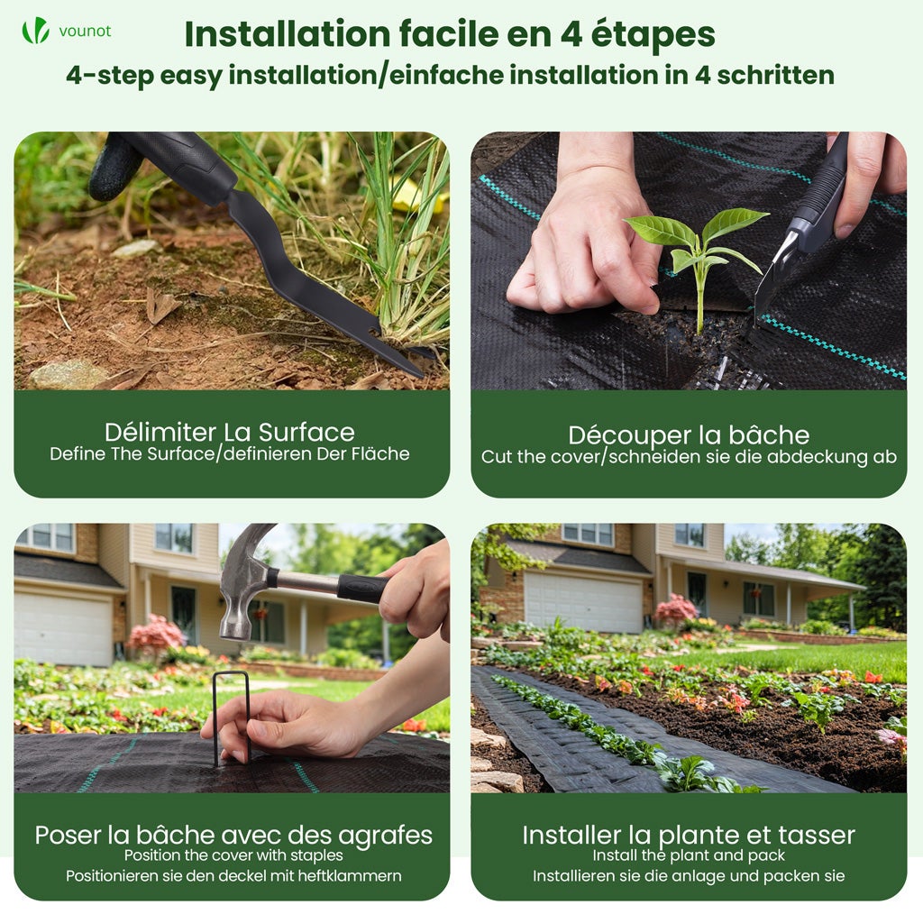 VOUNOT® Telo Pacciamatura 1m x 50m 100g/m², con 100 Picchetti a U, Telo Anti Erbacce per Orto, Giardino, Stabilizzazione UV, Nero - 5