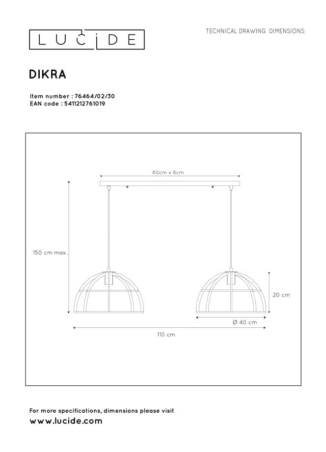 Suspension DIKRA - Noir - 2xE27 - Lucide - 8