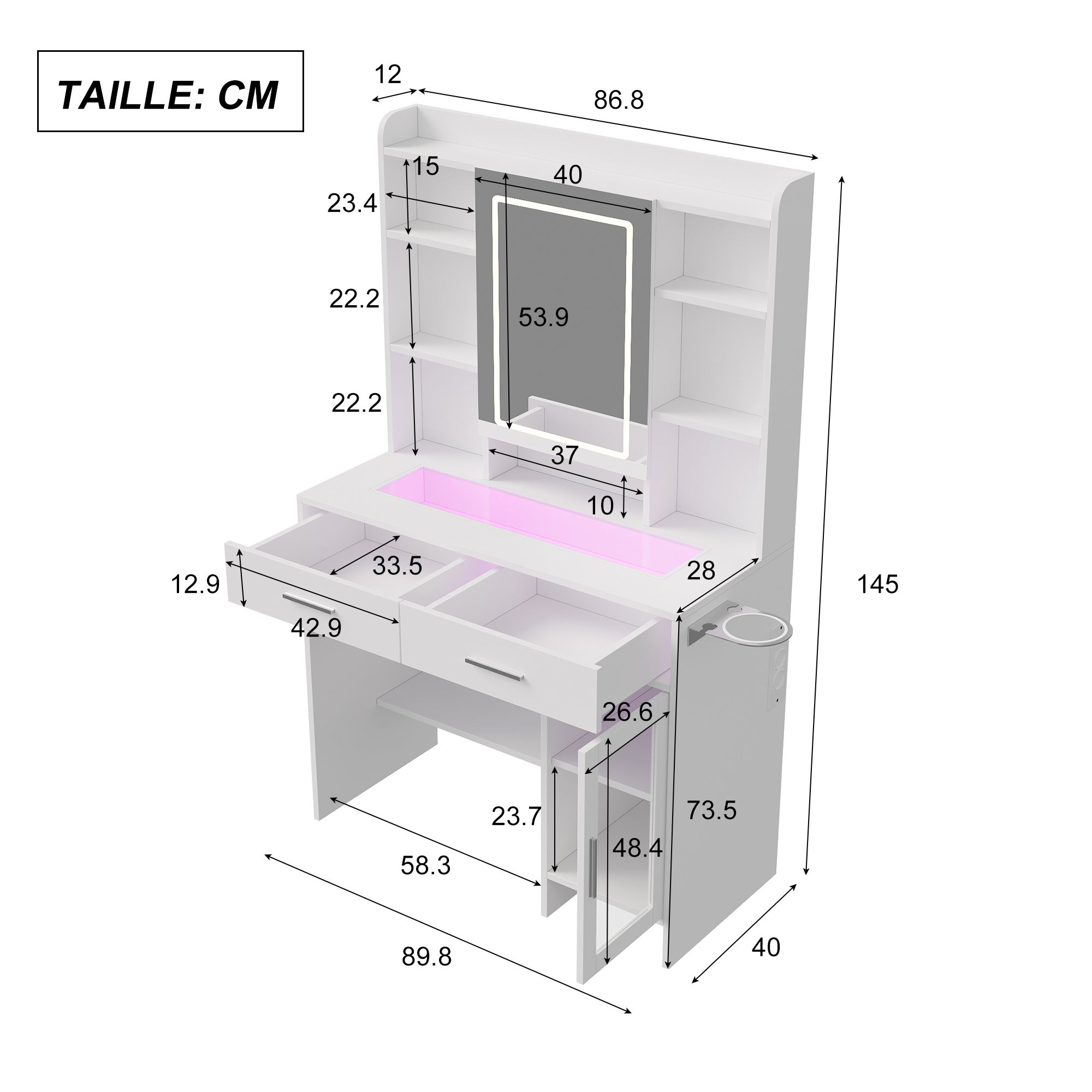 Coiffeuse avec éclairage, luminosité réglable, casiers visuels, miroir LED, avec prises, coiffeuse avec 2 tiroirs, 5 compartiments ouverts, blanche - 2