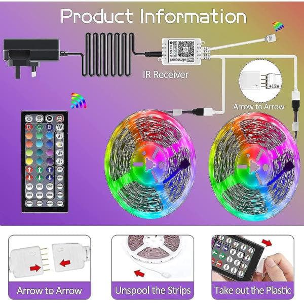 Guirlande lumineuse LED 20m Bluetooth RGB multicolore, bande lumineuse ...