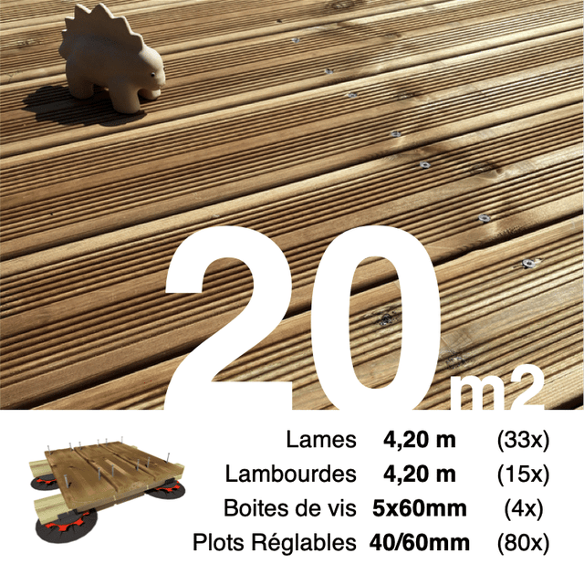 Kit complet terrasse Pin autoclave Marron pour 20 m² • Lames 4,2 m, lambourdes 4,2 m, plots réglables et visserie Inox