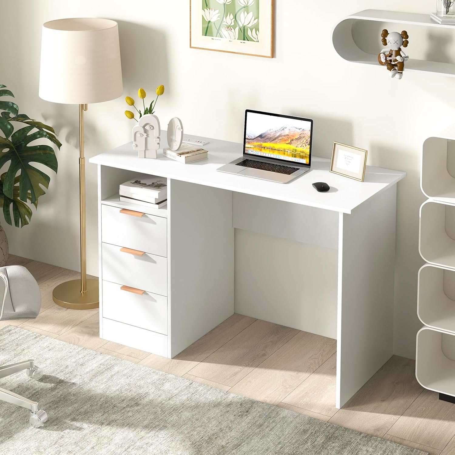Biurko 105 cm z Gniazdkami Elektrycznymi, 3 Szufladami, Otwartą Przegrodą, Nowoczesnym Stanowiskiem Pracy z Portami USB Typu C (Kolor Biały) - 2